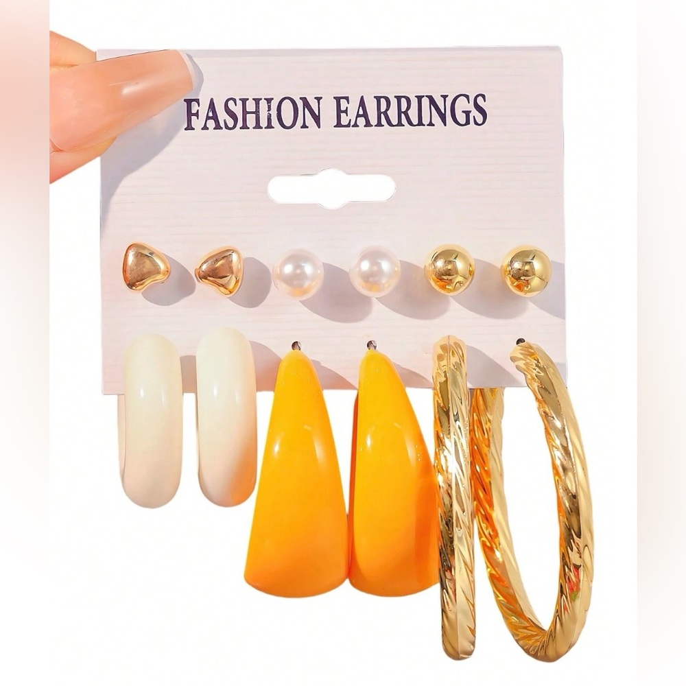 6 Pack Resin, Pearls, Gold, White, Orange Heart Stud & Hoop Combination Earrings